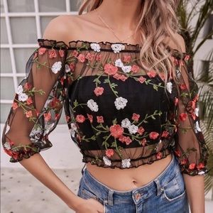 Boho floral embroidered off shoulder top
